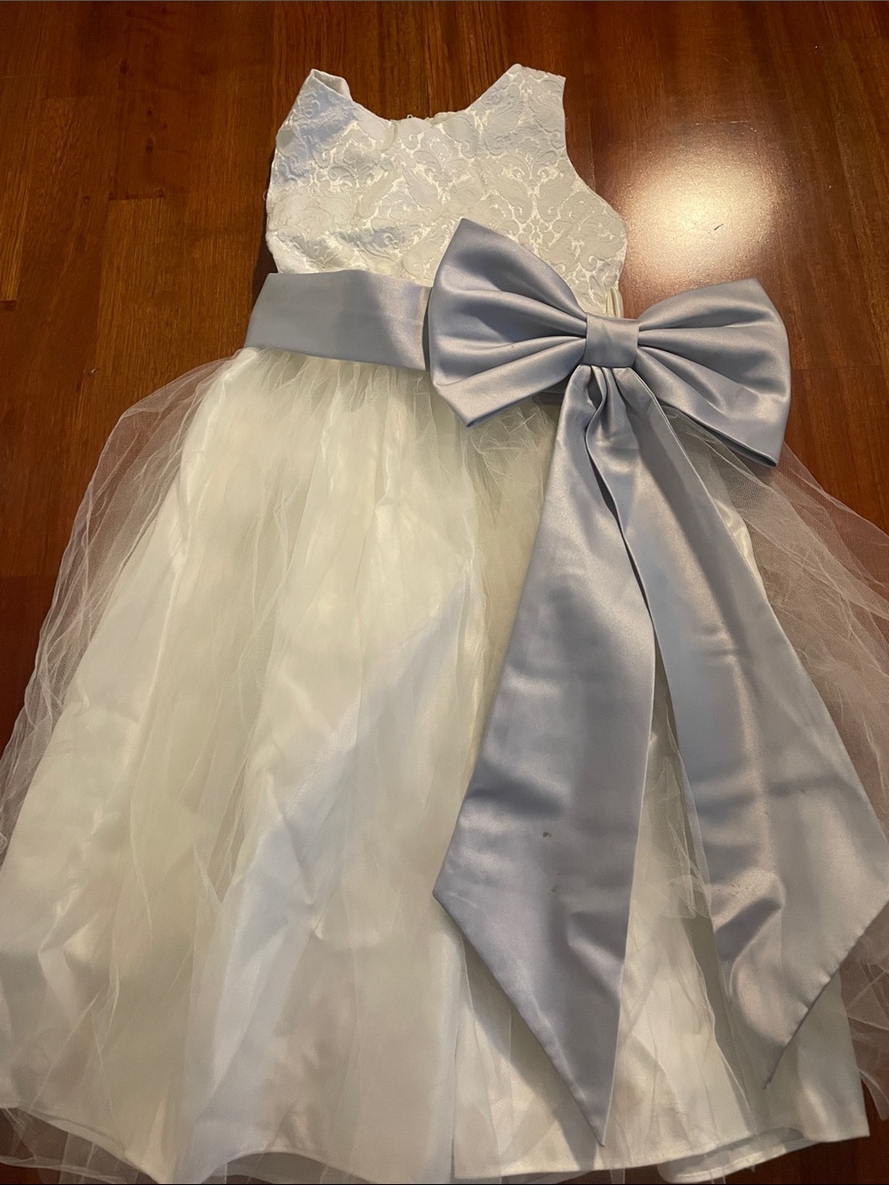 Girls White Lace & Tulle Dress with Silver Bow Sash